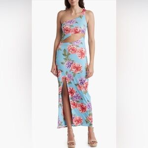 NWT AFRM Lumi Floral One Shoulder Cutout Maxi Dress Blue Bouquet Size S